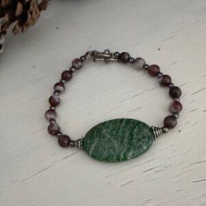 Moss Agate Stone with Beaded Strand of Ruby Zoisite Stones
